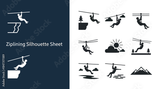 Silhouette sheet of ziplining activities for extreme outdoor adventure sports