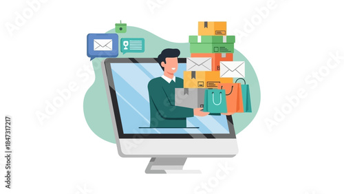 Man delivering online orders from computer screen for e-commerce business