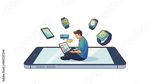 Man multitasking with laptop on giant smartphone screen, surrounded by smart devices