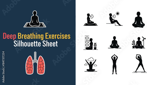 Silhouette sheet of deep breathing exercises with lung anatomy icons