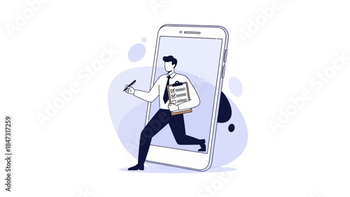 Businessman emerging from smartphone screen for digital task management concept