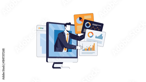 Professional presenting online business data analysis and financial reports from a monitor