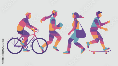 Diverse group of people performing various outdoor activities like biking, running, walking, and skateboarding in vibrant colors