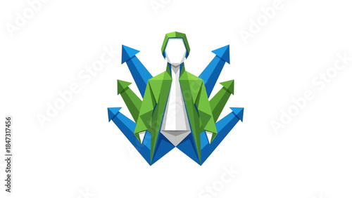 Geometric Business Strategy: Abstract Figure with Multi-Directional Growth Arrows and Future Paths
