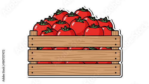 Illustration of a Wooden Crate Overflowing with Ripe Red Tomatoes