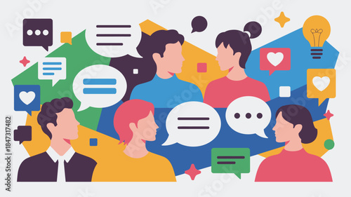 Diverse group of people communicating with colorful speech bubbles and social media icons
