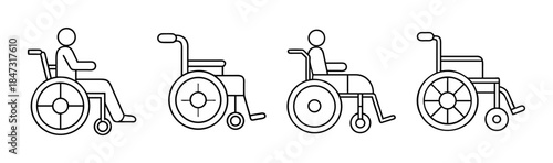 Simple line art icons depicting a person in a wheelchair and empty wheelchairs