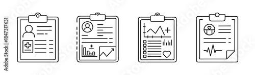 A collection of medical report and patient health data icons illustrating comprehensive healthcare documentation