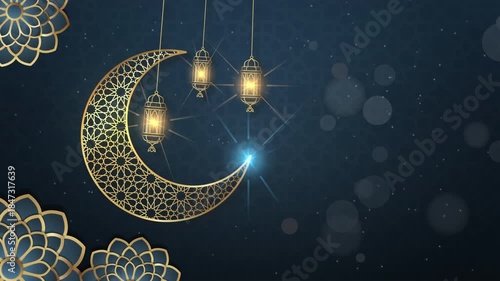 Blue and gold color Eid mubarak islamic animation with hanging ramadan candle lantern. Ramadan kareem animation with golden islamic decor, crescent moon lanterns, and flowers.