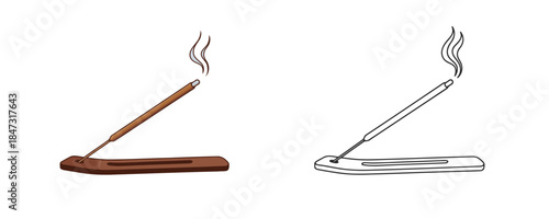 Vector illustration of a burning brown incense stick with rising smoke resting on a wooden holder base in two styles a color drawing and a black outline design