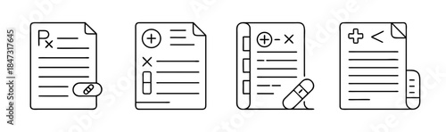 Medical prescription document icon with an attached capsule for healthcare records and patient information