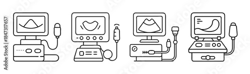 Collection of medical ultrasound imaging devices displaying various internal organ scans in line art