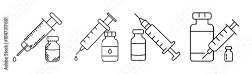 Syringe and vial outline icons representing medical injection and vaccine preparation