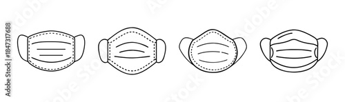 Collection of line art drawings featuring various protective medical face masks