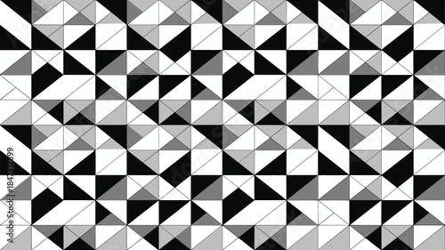 Dynamic geometric pattern composed of interlocking triangles and squares in black white and gray