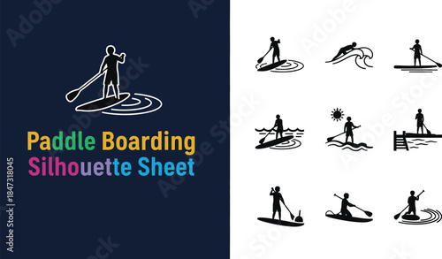 Silhouette sheet of paddle boarding activities and water sport poses