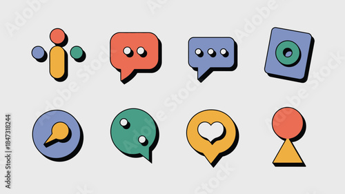 Eight vibrant retro inspired social media and communication icons with subtle three dimensional shadows