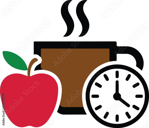 Time for a healthy break vector icon featuring an apple a steaming mug and a clock face