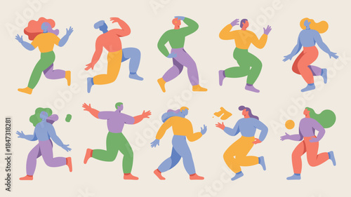 Energetic group of diverse colorful people running and jumping in dynamic motion on a light background