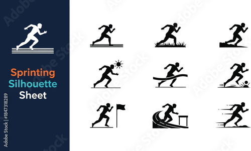 Silhouette sheet of sprinting athletes for track and field sports