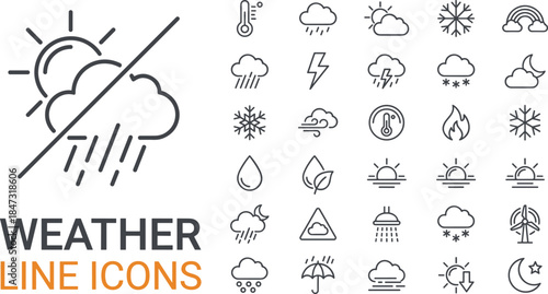 Weather line icons collection featuring sun, cloud, rain, snow, storm, wind, temperature symbols, climate forecast elements, modern outline design
