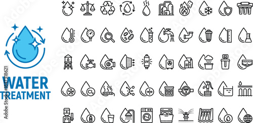 Water treatment line icons illustrating purification, filtration, sanitation, clean water process, industrial systems, environmental safety, chemical testing, wastewater management