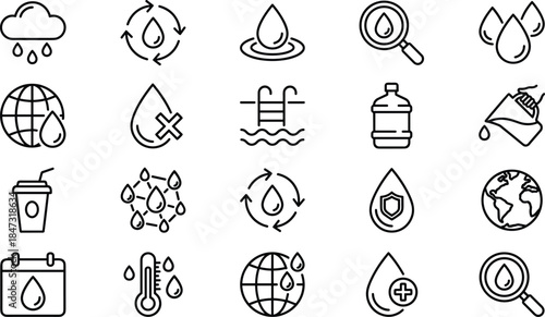 Water conservation and hydration icon set featuring droplets, global water cycle, purity, filtration, climate symbols, modern outline style