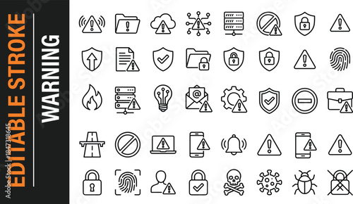 Warning and alert icon set with cybersecurity danger symbols, caution signs, security breach alerts, system risk notifications and digital threat awareness graphics