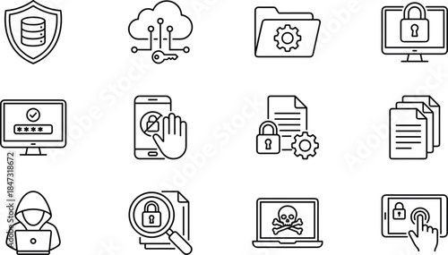 Cybersecurity line icons set for data protection, cloud security, privacy, encryption, hacking prevention, secure access, digital safety illustration, vector, outline