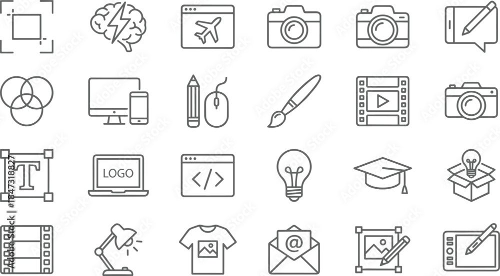 Fototapeta premium Creative design and multimedia line icon set featuring photography video coding branding tools education technology content creation workflow concepts