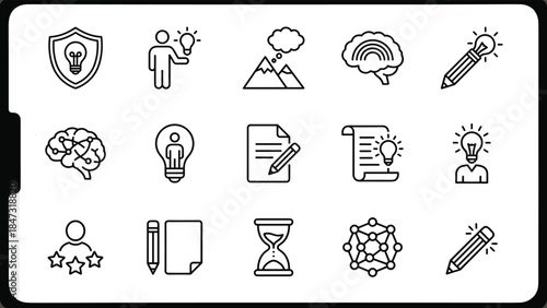 Creative idea and innovation line icons set showing brain, lightbulb, pencil, document, thinking, strategy concepts for design projects branding marketing