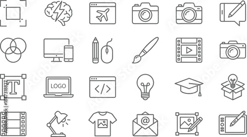 Creative design and multimedia line icon set featuring photography video coding branding tools education technology content creation workflow concepts