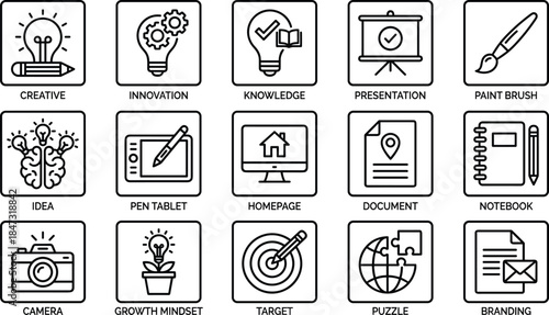Creative business line icons set, with innovation knowledge branding presentation idea growth mindset symbols vector illustration