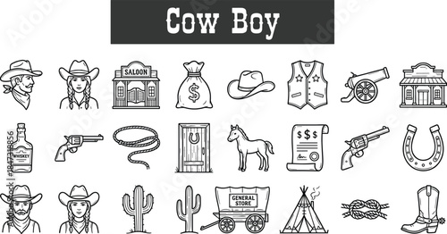 Cowboy line icons set, western saloon, cowboy hat, horse, revolver, rope, vintage wild west vector illustration collection, design, symbols, elements