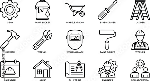 Construction tools and worker line icons set featuring gear, paint, ladder, blueprint, engineering, collaboration concepts for industrial design projects