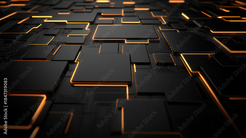 Obraz premium Black circuit board with glowing orange edge lines, futuristic electronic grid, sleek modern