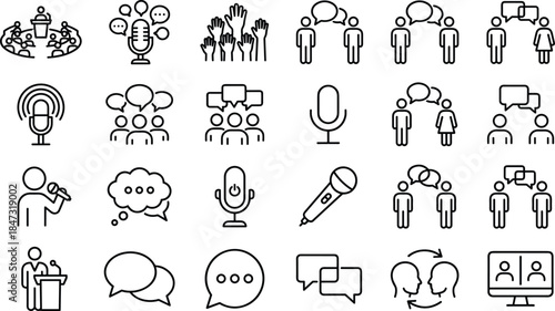Communication icons set line style people talking speech bubbles microphone discussion presentation teamwork collaboration outline vector symbols business marketing design