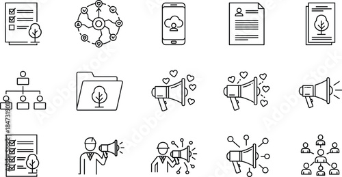 Communication icons, environmental awareness, digital outreach, organization, megaphone, checklist, cloud network, hierarchy, sustainability, vector line art, minimal design