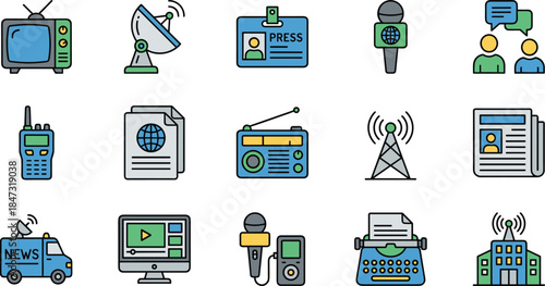 Communication and media icons: set of news, journalism, and broadcasting technology vectors featuring radio, television, satellite, press badge, and digital devices.