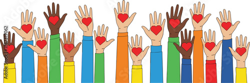 Colorful raised hands with red heart symbols representing love, unity, diversity, volunteer support, charity, helping community and social care concept illustration