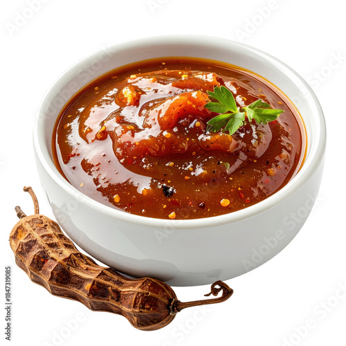Sweet and tangy tamarind chutney dip, a popular indian condiment served in a small bowl, isolated on a pure white background