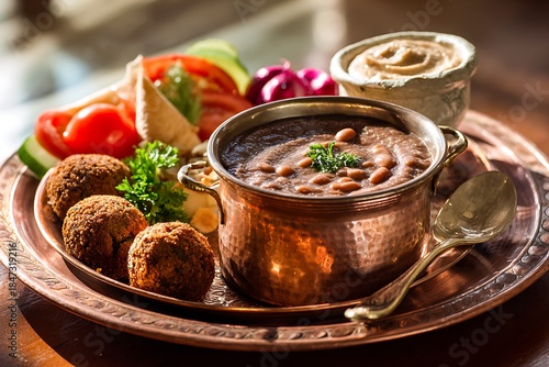 Traditional middle eastern breakfast plate with falafel, foul, fresh vegetables, and hummus dip. Authentic cuisine for food menu or healthy eating.