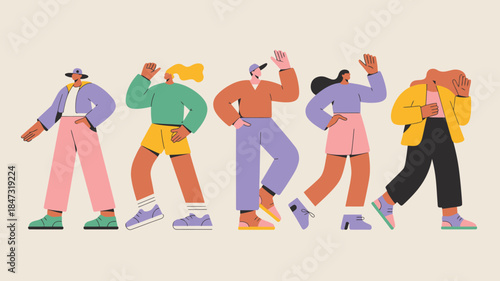 Five diverse people walk together in various colorful contemporary outfits and dynamic poses