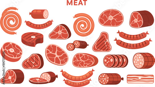 Collection of raw and processed meat illustrations including steaks, sausages, salami, bacon, and beef cuts for food design and packaging
