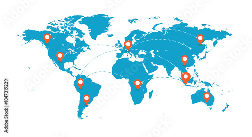 A blue world map with orange location pins connected by dotted lines, illustrating a global network for logistics or travel.