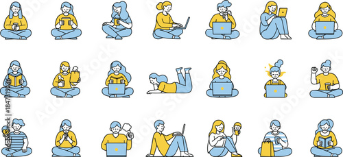 Collection of people using laptops, reading books, drinking coffee, relaxing, working, studying, and enjoying daily lifestyle activities in modern illustrationCollection