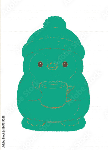 Cute chubby penguin wearing a fuzzy winter hat holding a steaming cup of cocoa