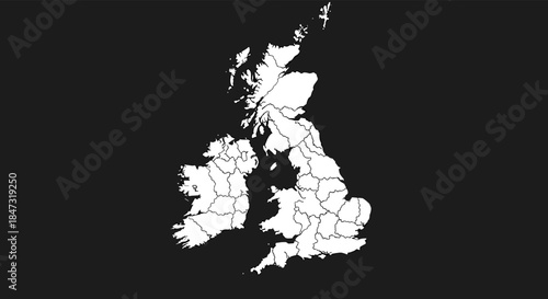 A clean white political map of the United Kingdom with county borders outlined, set against a solid dark gray background.