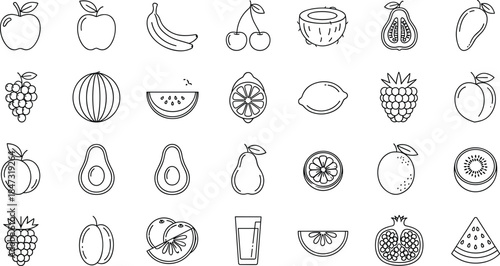 Collection of hand-drawn fruit icons, outline style illustrations featuring various fresh fruits, healthy food symbols, organic produce vector set