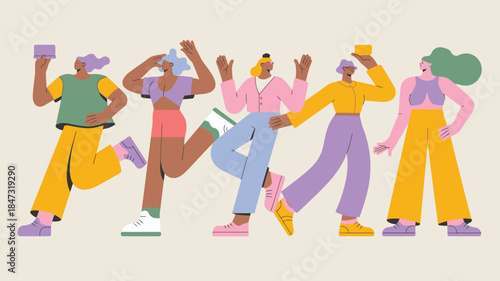 Five diverse women energetically move forward in a line wearing various modern colorful outfits